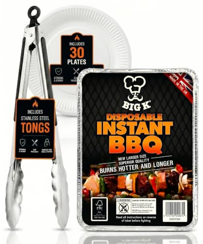 Disposable BBQ Tray with Tongs & Plates – Instant Portable Charcoal Barbecue Grill, Ready-to-Use Single Use BBQ for Camping, Picnics, Beach, Garden & Outdoor Cooking