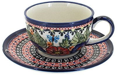 Blue Rose Polish Pottery Floral Butterfly Cup & Saucer