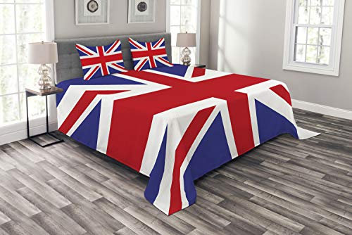 ABAKUHAUS Union Jack Tagesdecke Set, Britisches Loyal Symbol, Set mit Kissenbezügen Klare Farben, für Doppelbetten 220 x 220 cm, KönigsBlau rot-weiß