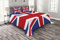 ABAKUHAUS Union Jack Tagesdecke Set, Britisches Loyal Symbol, Set mit Kissenbezügen Klare Farben, für Doppelbetten 220 x 220 cm, KönigsBlau rot-weiß