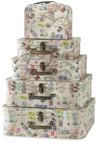 Soul & Lane Dekorative Koffer-Aufbewahrungsboxen mit Griff, 5 Stück Karton Vintage Koffer und Reise-Dekor, Pappgepäck-Requisiten, Reise-Thema, Flugzeug, Party-Dekoration