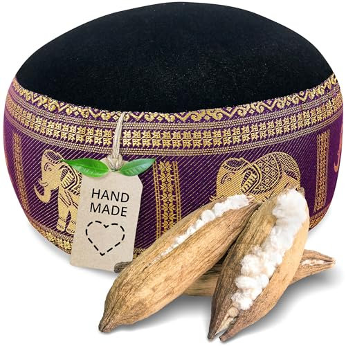 Livasia Meditationskissen Thaiseide - Ø 32x20cm - Yogakissen klein mit Kapok, Pouf, Bodenkissen Yoga Zen Meditation, Sitzkissen Garten Balkon, Zafukissen handgefertigt (Schwarz/Lila/Elefanten Seide)