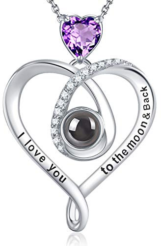 GinoMay Birthday Gift Mum February Birthstone Necklace Amethyst Wife I Love You Necklace 100 Languages Jewellery 925 Sterling Silver