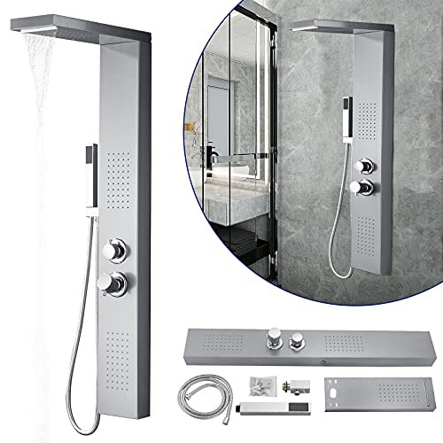 Froadp Sistema de Ducha de Lluvia Panel de Acero Inoxidable Cepillado Juego de Ducha de Montaje en Pared con Masaje Cascada y Juego de Ducha Mano Juego de Accesorios de Lujo para Baño (Plata)