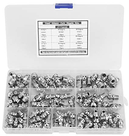 115 Stück M6 M8 M10 Stahlfett, Befestigungsteile andere Befestigungselemente Zerk Nippel Fitting Sortiment Kit Gerade 90 und 45 Grad abgewinkelte Fett Nippel Fitting