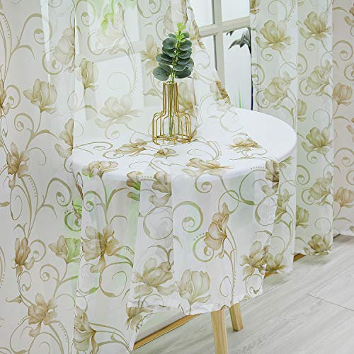 Delien Voile Schiebegardinen Blumendruck Landhausstil Vorhang Flächenvorhänge Transparenter Gardine mit Kräuselband Wohnzimmer Fensterschals (1er-Pack, je H/B: 245/140 cm),Kaffee