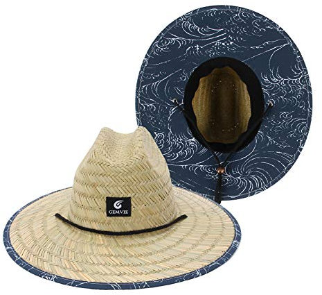 EOZY Chapeau de soleil Fedora d'été pour homme - Chapeau de paille Panama à large bord respirant - Chapeau de plage en paille avec ceinture, Vagues, 7 1/8-7 1/2