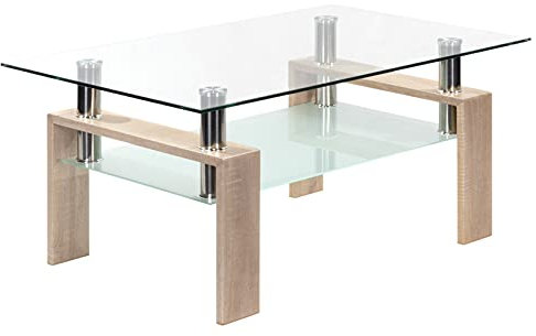 i-flair Couchtisch Porter in der Farbe Eiche Wohnzimmertisch aus gehärtetem Glas und Tischgestell aus Metall 100 x 59,5 x 43,8 cm