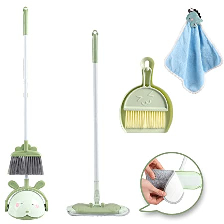 Midoneat Kids Cleaning Toy Set, Mini Child Broom, Mop and Dustpan, Little Housekeeping Helper Set ,Pretend Home Cleaning Play Set for Toddler Height 75-115cm,6pcs (Green)