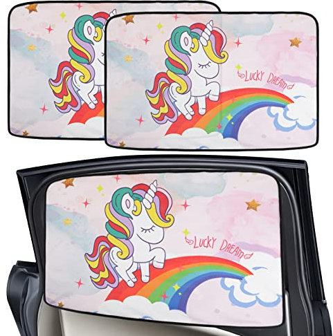 2Piezas Parasol de Coche, Ventana Lateral Trasera Magnetica Unicornio de Colores Coche Sun Shade Bloqueo de Rayos UV Nocivos Lateral Parasol Ventana Coches Trasero Sombrilla Para Bebés y Mascotas
