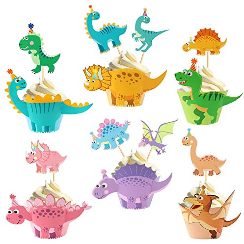 Blumomon 24Pcs Dinosaur Cupcake Wrappers and 24Pcs Dinosaur Cupcake Toppers DIY Dinosaur Cake Decorations for Jurassic World Theme Kids Babyshower Birthday Party Decorations