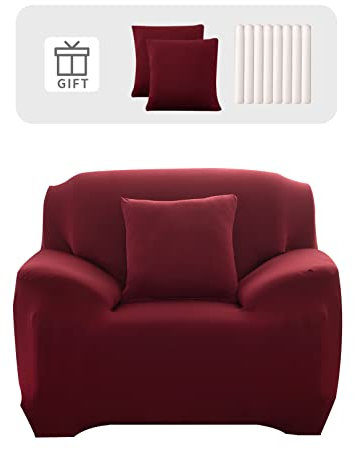 Lydevo Sofabezug 1 Sitzer Stretch Sofahusse Elastischer Sofabezug Spandex Sofa Überzug mit 2 Kissenbezug Anti-Rutsch Waschbar Sofa Protection Cover Schonbezug Couch,Rotwein