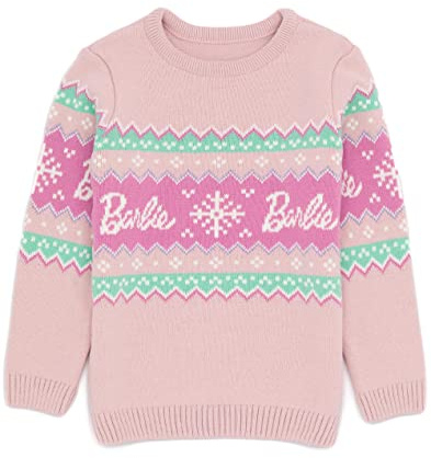 Barbie Girls Christmas Jumper | Kids Children Dolls Logo Snowflakes Festive Pink Fairisle Knitted Sweater | Gifts for Her