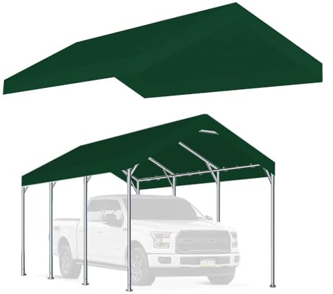 Vanteriam Upgraded Replacement Carport Canopy Shelter 12' x 20' for Car Garage Shelter Party Tent with Green Ball Bungees (Top Cover Only, Frame Not Included)