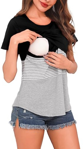 Bresdk Stillshirt Damen Kurzarm Umstandstop mit Doppelschicht Baumwolle | Diskrete doppelschichtige Vorderseite ermöglicht ein müheloses, schnelles und geschütztes Stillen im Alltag