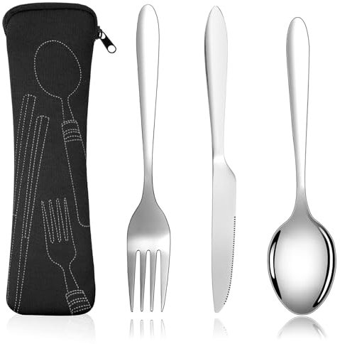 3 Piezas Cubiertos Para Llevar, Witbicg Cubiertos Camping Estuche Cubiertos Para Llevar Al Trabajo Cuchara Tenedor Cuchillo Adecuado Para Camping, Picnic, Trabajo, Senderismo (Sin Patrón)