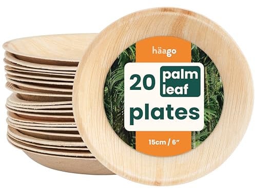 HAAGO 20 Assiettes en Feuilles de Palmier Compostables & Jetables, Comme les Assiettes en Bambou Vaisselle écologique - Résistante au Congélateur & au Micro-ondes 15cm Rond Assiette Feuille de Palmier