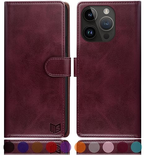 SUANPOT [RFID Schutz für iPhone 15 Pro Max 6.7 Hülle PU Leder Handyhülle Lederhülle Klapphülle Kartenfach Flip Cover für Apple 15 Pro Max Handy hülle Leather Wallet Phone Case Rotwein