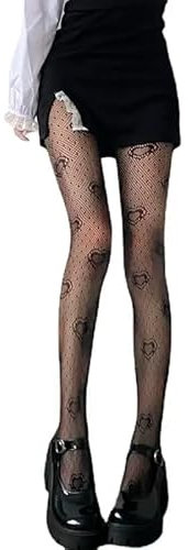MOANATURA Medias Rejilla Mujer Talla Única desde XS a XXL. Pantis Lencería Sexy Negras. Pantimedias Fantasía con Corazones. Ropa Interior Sexy Negras de Red. Pantys de Lunares Corazón. (1)