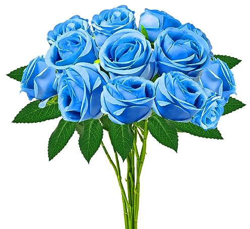 hailanbao Blaue künstliche Rosen mit langen Stielen, 12 Stück, realistische Rosen, künstliche Rosen, Kunstrosen, Großpackung künstliche Blumen für Heimdekoration, Hochzeitsfeier, Tischdekoration, DIY
