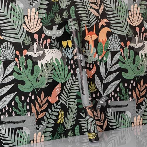 Hode Selbstklebende Tapete Blumen(44x600cm), Klebefolie Möbel Grün Blatt, Möbelfolie Selbstklebend Wasserdicht, Folie für Möbel Krokodil Füchse Mustertapete Dekoration für Schrank Kinderzimmer