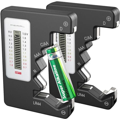 PEARL Batterietestgerät: 2er-Set Multi-Batterietester mit LCD Display für gängige Batterien (Knopfzellentester, Batterietester Knopfzellen, Baby)