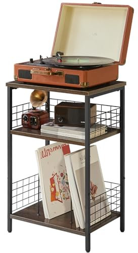 YMYNY Beistelltisch, 3 Ebenen Standregal, Plattenständer mit klassifizierter Lagerung, Schutzeisennetz, für Plattenspieler, CDs, Magazin, Wohnzimmer, Schlafzimmer, Studio Grau HST009G