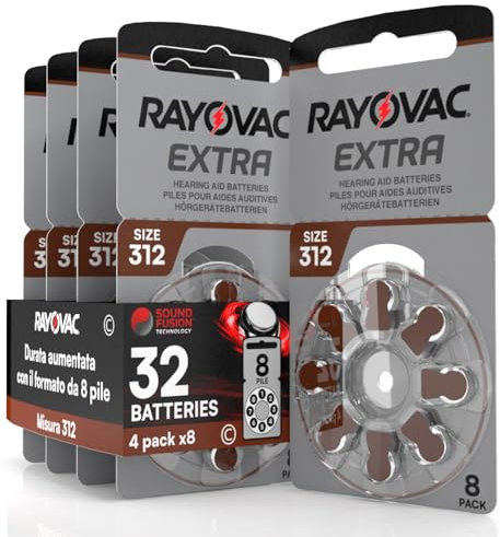 32 Batterie per Apparecchi Acustici Rayovac Extra Misura 312-4 Blister da 8 Pile