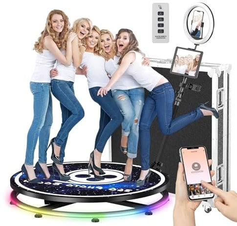 YCKJNB 360 Photo Booth Machine mit Flight Case, Kostenlose Logo Anpassung, Software Steuerung, Automatische Drehung für 5-7 Personen zum Stehen (45.3''/115cm)