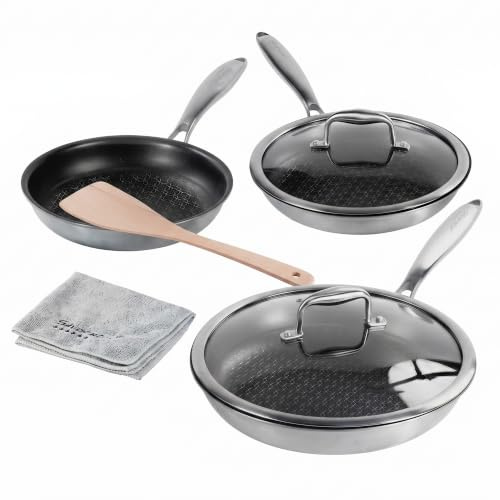 Silverstar Edelstahl Pfannen Set 20/24/28 cm mit Deckel 24/28 cm Pfannenwender, Kratzfeste Wabenpfanne Antihaft Pfanne Induktion Wabenstruktur Sterne, für alle Herdarten, Backofen, Spülmaschine