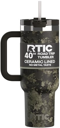RTIC Reise-Kaffeebecher mit Deckel, Griff und Strohhalm, doppelwandig, mit Keramikfutter, isoliert, Edelstahl, 1,2 l, Olivgrün