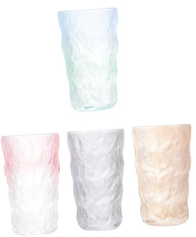 LABRIMP Gradient Glacier Pattern Glass Water Mugs 4pcs Set, Large Colored Drink Cups with Blue, Red, Amber, and Smoke Tones, Sturdy Glass Coffee and Tea Cups for Home and Office Use