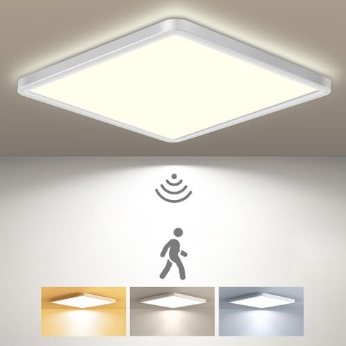 slochi LED Deckenleuchte mit Bewegungsmelder Innen Radar, 3Farben - 3000K/4000K/6500K, 18W Lampe mit Bewegungssensor, 22cm Sensor Flach Deckenlampe für Flur Wand Treppe Küche Balkon Abstellraum