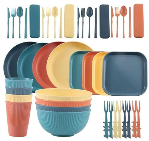 Hylruu Camping Cutlery Set for 4 People, Unbreakable and Lightweight Plastic Dinner Plates and Bowls, Picnic Tableware Set for BBQ Camping Dark
