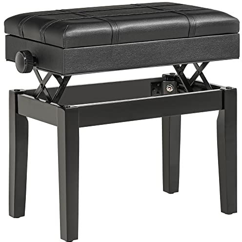HOMCOM Sgabello per Pianoforte con Altezza Regolabile e Vano Contenitore, Panca per Pianoforte in Legno e Finta Pelle PU, 63x35x46-56cm, Nero