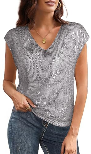 GRACE KARIN Women’s Sequin Top Winter Xmas Short Sleeve V-Neck Sequin Glitter Shirt Casual Classic Blouses for Women UK XL Size 18 Silver-Grey