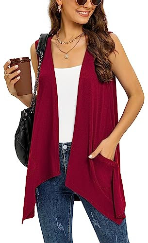 Wine Red Sleeveless Cardigan Vest for Women Plus Size Lightweight Summer Jacket with Pockets Casual Work Knit Open Front Long Drape Duster,3XL