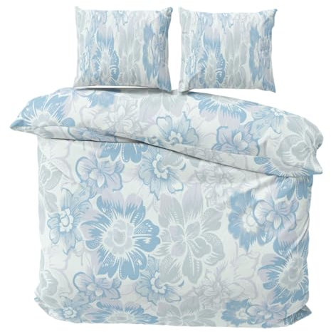 Visaggio Biber Bettwäsche 240x220 cm flauschig Feinbiber Bettbezug Winterbettwäsche 2X Kissenbezug 80x80 cm geblümt Blau Beige Ehebett 3teilig