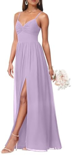 Vestidos de dama de honor con tirantes delgados para mujer, vestidos de noche formales de gasa para boda, vestidos de invitados, Lila, 36