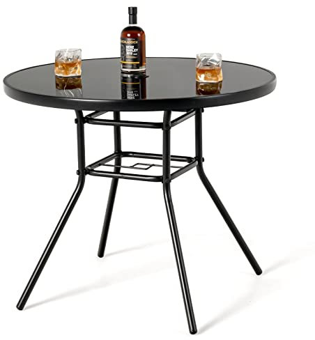 GOPLUS Gartentisch Metall, 86cm Beistelltisch Outdoor mit Glasplatt & 3,5cm Schirmloch, Balkontisch Terrassentisch wetterfest, Esstisch Bistrotisch Kaffeetisch für Garten Hof Terrasse Balkon Pool