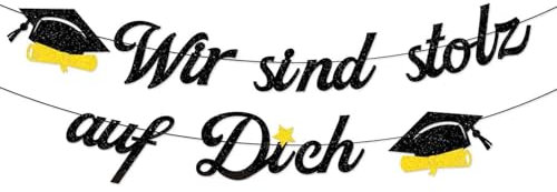 Graduation Girlande Deko Glitzer Schwarz, Wir sind stolz auf Dich, Vorbenannte Girlande aus Papier mit Absolventenhut Motiv Banner Hängende Dekoration für Abitur Bachelor Master Abschlussfeiern