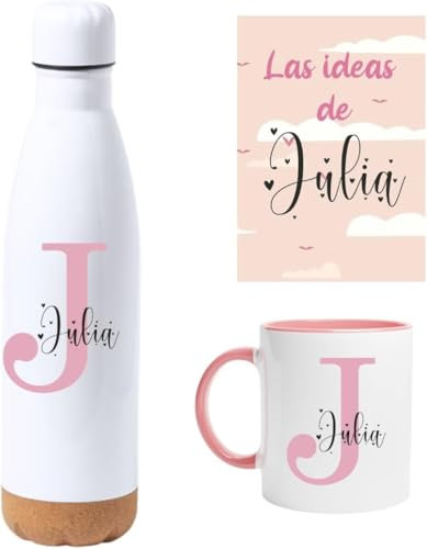 TAZALAND | Pack Botella Termica Taza Personalizada y Libreta Personalizada | Personalizado Con Inicial y Nombre | Taza 350 ml | Termo 750 ml | Libreta A5 | Regalo Cumpleaños Mujer