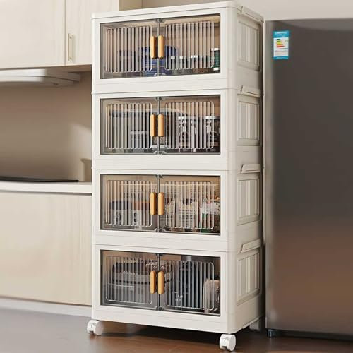 4-Tier Stackable Storages Boxe with Wheels,Plastic Storages Bin with Lid,Storage Drawers with Front Door,Collapsible Storage Cabinet for Bedroom Living Room Study Office(45x27x89cm,Black door)