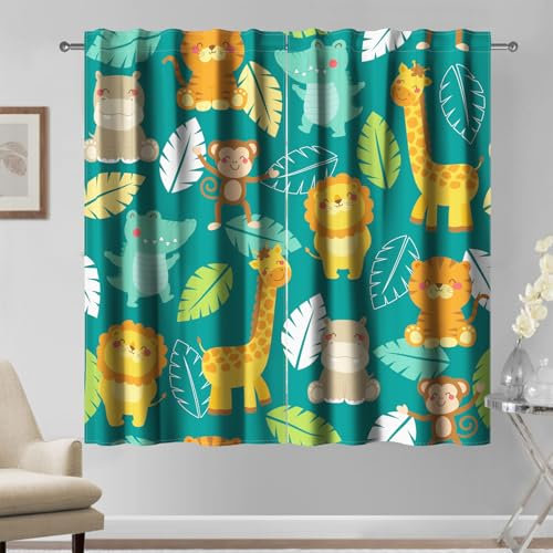 Kzzfqxb 117x138cm Kindervorhänge 2 Paneele, grüne Waldtiere, Tiger Löwen Nilpferde Giraffen Krokodile Cartoon Gemälde Bedruckte für Kinder, Jungen, Mädchen, Babyschlafzimmer