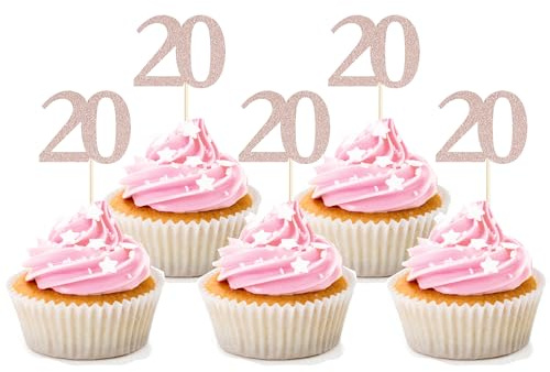 Sotpot 30pack Rose Gold Glitter 20th Birthday Cupcake Toppers Cupcake Picks for Cheers to 20 Years 20th Birthday Party Cake Decor Supplies