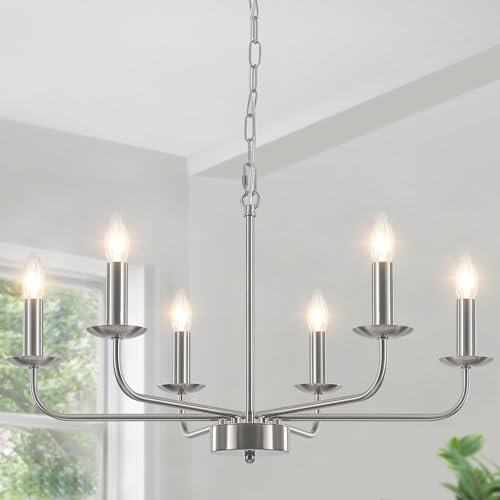 WTUOING Modern Kronleuchter Silber, 6 Flammig Kronleuchter Vintage Kerze Pendelleuchte Esstisch Hängelampe, Industrial Deckenlampe Hängend Lampe für Wohnzimmer Schlafzimmer Küche, Esszimmer, Flur