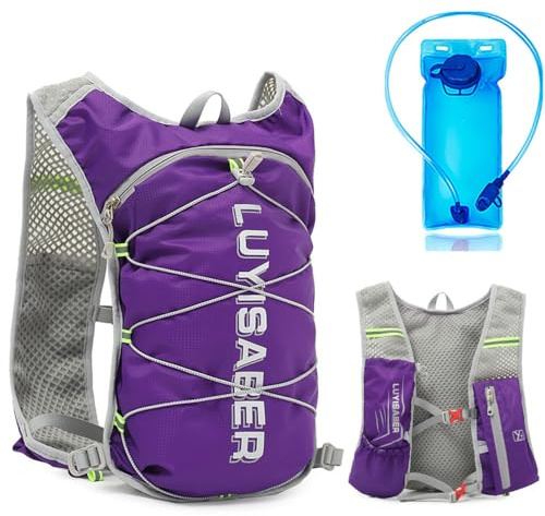 Laufweste Herren Damen.Ultraleicht, Atmungsaktiv & Anpassbar.Trinkrucksack Laufrucksack mit 2L Trinkflasche.Hydration Pack Fahrradrucksack für Laufen, Camping, Wandern, (lila,M/L)