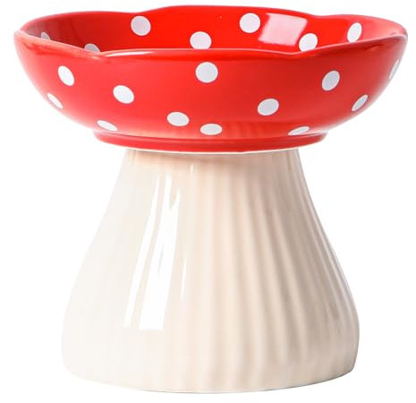 TIGOADT Mushroom Raised Cat Bowl, Cute Ceramic Elevated Cat Food Bowl, Anti Vomit Wide Shallow Pet Feeder with Stand, Anti Whisker Fatigue Neck Protective Feeding Dish for Kittens & Adults (Red)
