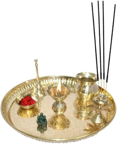 Royal Kurta Pooja Thali Set Of 5 Pcs Indian Decorative Puja Items Aarti Plate For Temple, Wedding Home Décor Mandir Brass Tika Thali Diwali Decoration Gifts, Golden