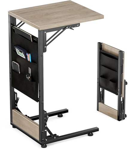 Bomclap C-Form Beistelltisch, Klappbarer Sofatisch Nachttisch mit Aufbewahrungstasche, Couchtisch mit Metallgestell für Wohnzimmer Schlafzimmer Büro, 30 x 40 x 64,5 cm (Grau)